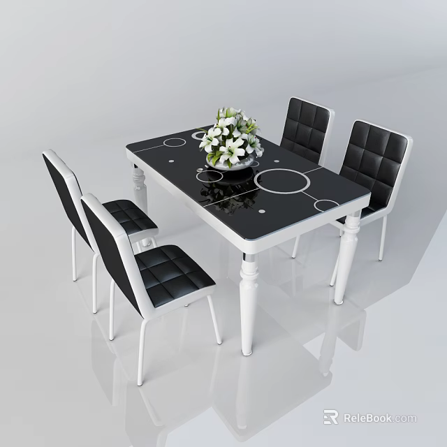 Modern Dining Table Set with Black Tabletop White Circular Patterns and Black Leather Chairs 3d model
