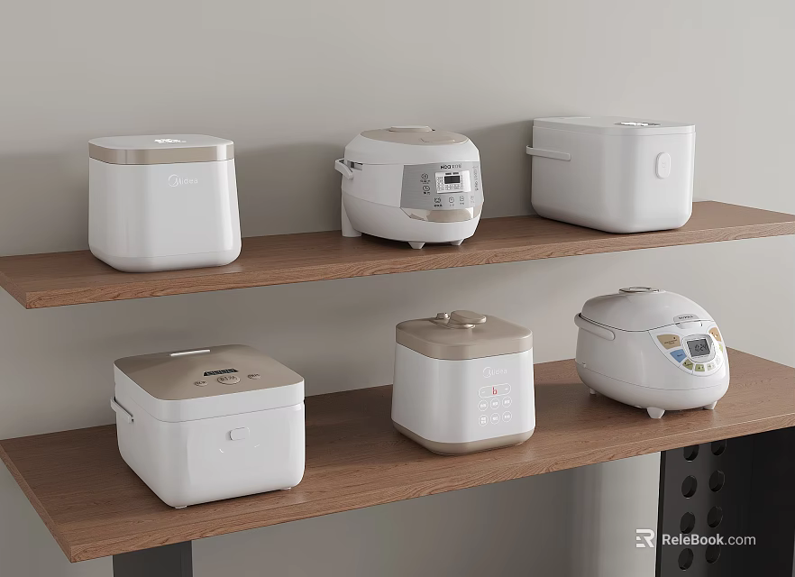 Various White Rice Cookers As Kitchen Appliances On Wooden Shelves 3d model 