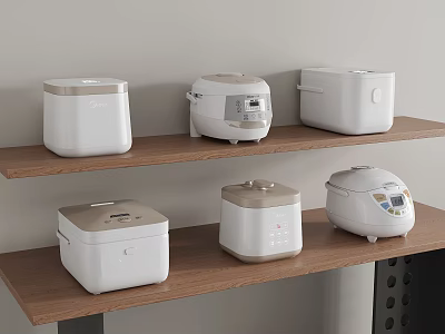 Various White Rice Cookers As Kitchen Appliances On Wooden Shelves 3d model