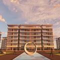 Modern Multi story Residential Building Facade Design With Circular Sculpture And Landscaped Trees