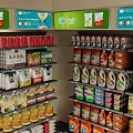 Retail Display Shelves Stocked With Various Snacks Drinks And Packaged Goods In Modern Store
