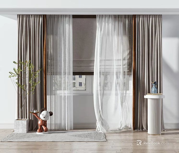 Double Layer Curtains With Sheer White Panels And Gray Drapes For Living Room Window 3d model 
