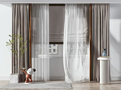 Double Layer Curtains With Sheer White Panels And Gray Drapes For Living Room Window 3d model