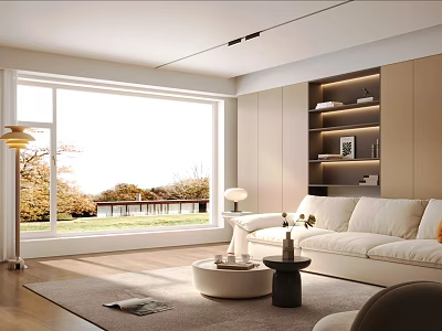 Modern Living Room Interior With Large Window Scenic View White Sofa And Built In Shelves 3d model
