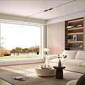 Modern Living Room Interior With Large Window Scenic View White Sofa And Built In Shelves