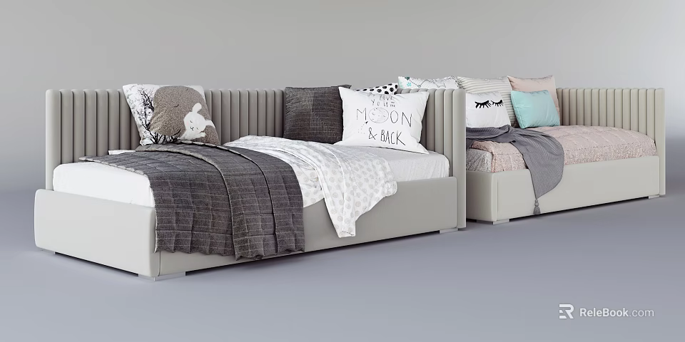 Modern Bedroom With Two Beds Decorated With Patterned Pillows And Cozy Blankets 3d model