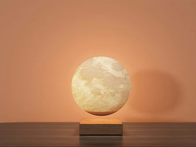Moon Shaped Table Lamp With Wooden Base On Table Against Orange Wall Background 3d model