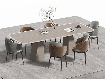 Modern Dining Table and Chairs Set with Grey Brown Chairs Plants Books Coffee Cup 3d model