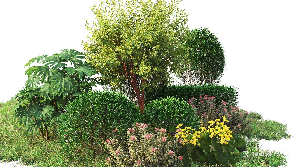 Lush Green Shrubs with Yellow and Pink Flowers in Garden Landscape 3d model 