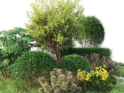 Lush Green Shrubs with Yellow and Pink Flowers in Garden Landscape 3d model