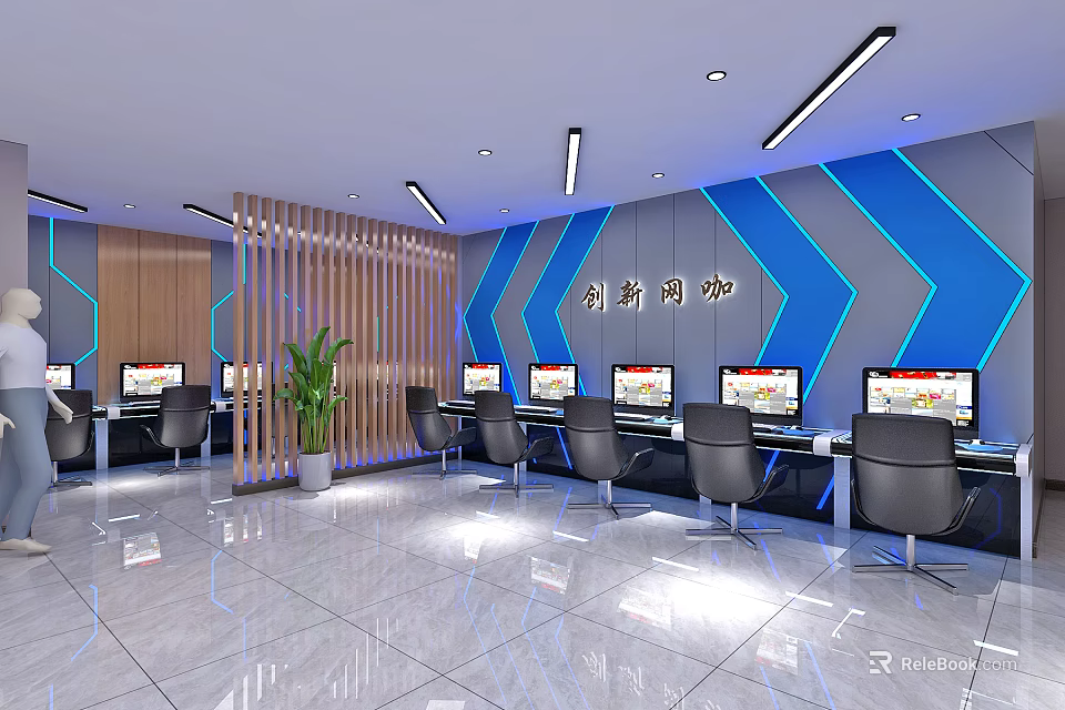 Innovative Internet Cafe Interior With Modern Computers Comfortable Chairs And Blue Accent Walls 3d model 