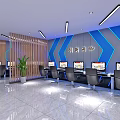 Innovative Internet Cafe Interior With Modern Computers Comfortable Chairs And Blue Accent Walls 3d model