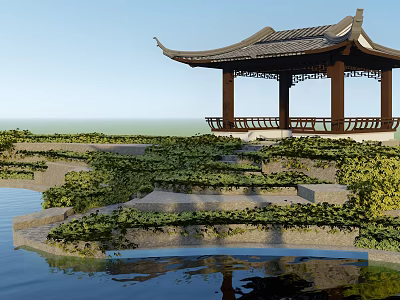Traditional Chinese Style Pavilion With Stone Steps Green Plants And Water Pond Reflection 3d model