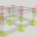 Structural Building Components Featuring Red Columns Green Foundations And Grid Framework 3d model