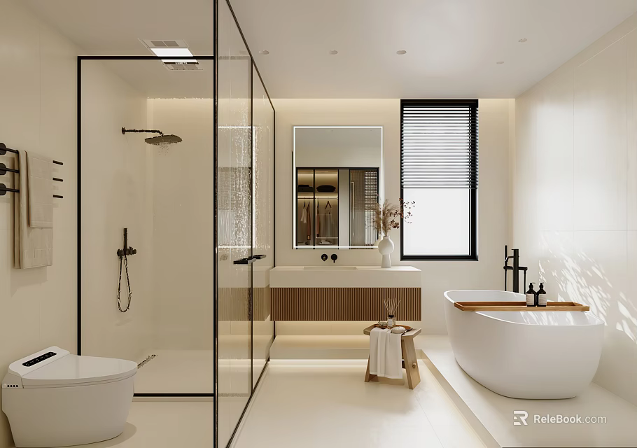 Modern Bathroom Interior Design With Glass Shower Enclosure Freestanding Bathtub And Wooden Vanity 3d model 