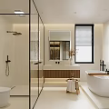 Modern Bathroom Interior Design With Glass Shower Enclosure Freestanding Bathtub And Wooden Vanity