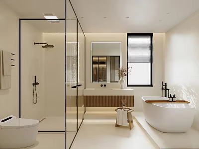 Modern Bathroom Interior Design With Glass Shower Enclosure Freestanding Bathtub And Wooden Vanity 3d model
