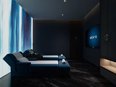 Modern SPA Sauna Room With Dark Blue Sofa Beds Blue Gradient Curtains And SEN5 Screen 3d model