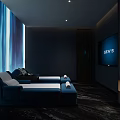 Modern SPA Sauna Room With Dark Blue Sofa Beds Blue Gradient Curtains And SEN5 Screen