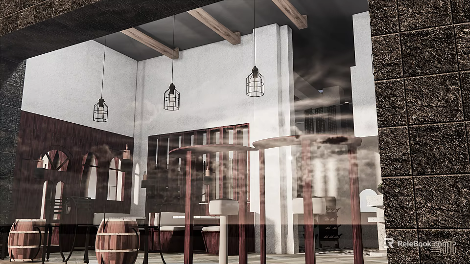 Cozy Restaurant Interior With Wooden Beams Hanging Lanterns And Bar Counter 3d model 