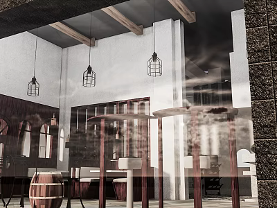 Cozy Restaurant Interior With Wooden Beams Hanging Lanterns And Bar Counter 3d model