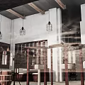 Cozy Restaurant Interior With Wooden Beams Hanging Lanterns And Bar Counter
