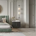 Elegant Modern Bedroom Interior Design With Green Headboard Bed Round Mirror Chandelier And Green Armchair