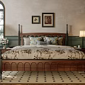 Double Bed With Wooden Frame Black Metal Accents Floral Bedding Nightstand And Window Curtains