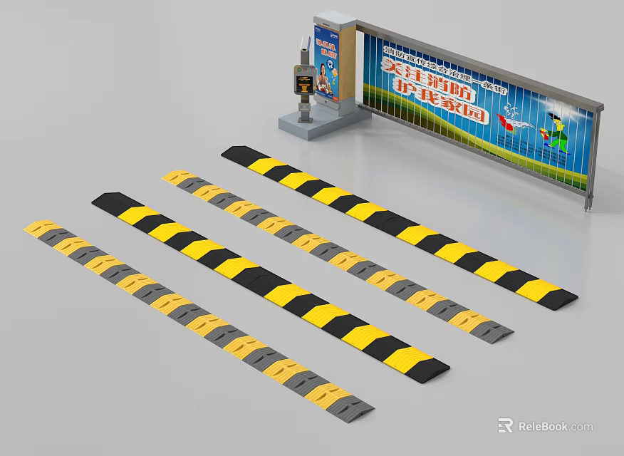 Public Facility With Safety Fence Yellow Black Stripes Gate Barrier And Signboard 3d model 