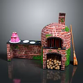 Brick Oven Scene With Counter Pink Cake White Plates Wood Logs Broom And Green Moss