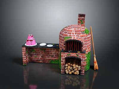 Brick Oven Scene With Counter Pink Cake White Plates Wood Logs Broom And Green Moss 3d model