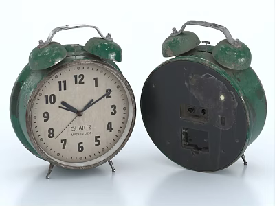 Two Green Double Bell Quartz Alarm Clocks Front Back View With Metal Stands 3d model