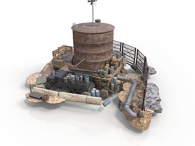 Modern Industrial Storage Facility With Rusty Water Tank Metal Fence Pipes Barrels And Equipment 3d model