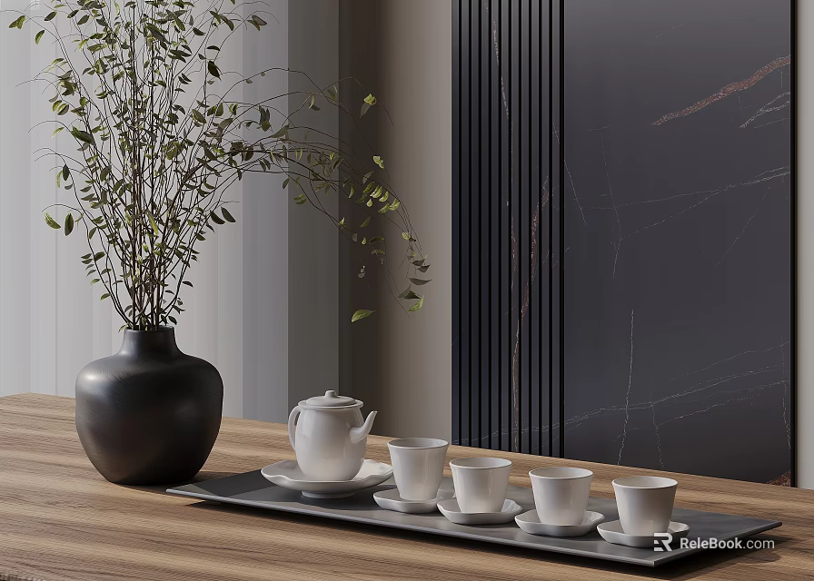 Elegant Tea Set with White Teapot and Teacups on Black Tray Wooden Table Dark Wall 3d model 