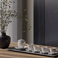 Elegant Tea Set with White Teapot and Teacups on Black Tray Wooden Table Dark Wall
