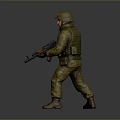 Military Soldier In Uniform With Helmet Holding Rifle Standing On Gray Background