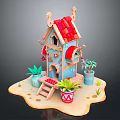 Cartoon Scene Small House With Red Roof Blue Walls Wooden Staircase And Potted Plants