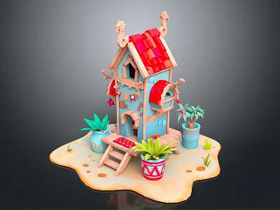 Cartoon Scene Small House With Red Roof Blue Walls Wooden Staircase And Potted Plants 3d model