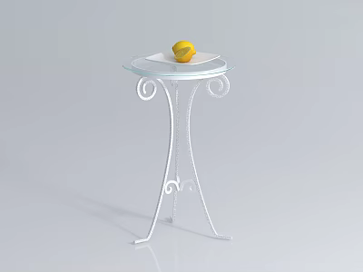 Glass Top Coffee Table with White Metal Scroll Legs and Yellow Lemon on White Plate 3d model