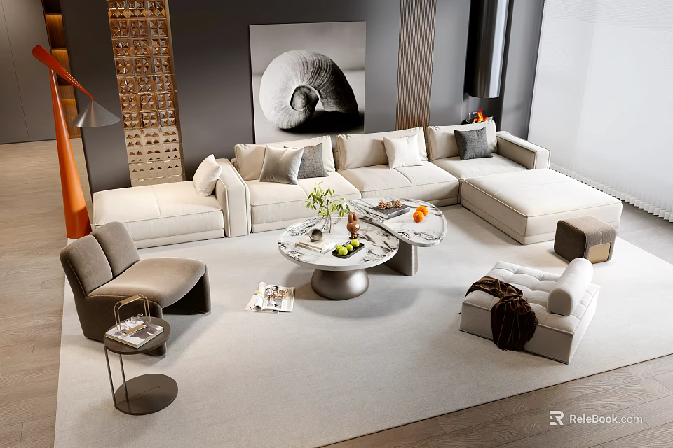 Elegant Modern Beige Fabric Sofa and Round Coffee Table Set with Armchair and Carpet 3d model 