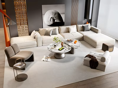 Elegant Modern Beige Fabric Sofa and Round Coffee Table Set with Armchair and Carpet 3d model