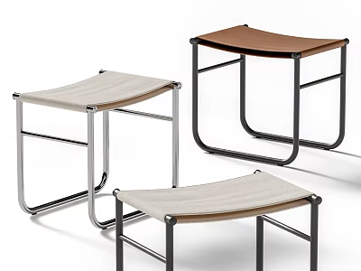 Modern Metal Frame Stools With Beige Woven And Brown Leather Seats 3d model