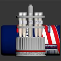 Shiny Metallic Mechanical Device With Multi Layered Components And Striped Cylindrical Casing