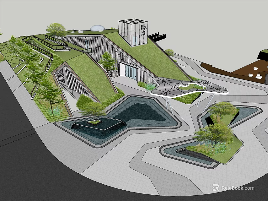 Modern Landscape Architecture Design With Grass Roof Water Ponds And Curved Paths 3d model 