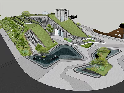 Modern Landscape Architecture Design With Grass Roof Water Ponds And Curved Paths 3d model