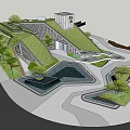 Modern Landscape Architecture Design With Grass Roof Water Ponds And Curved Paths