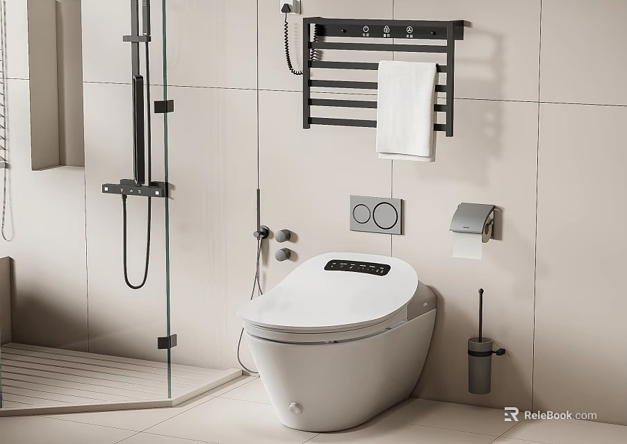 Modern Smart Toilet In Bathroom Interior With Toilet Paper Holder And Towel Rack 3d model 