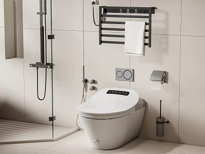 Modern Smart Toilet In Bathroom Interior With Toilet Paper Holder And Towel Rack 3d model