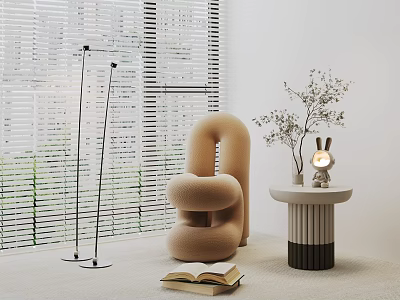 Curved Beige Single Sofa With Side Table Rabbit Lamp And Open Book By Blinds 3d model