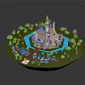 Cartoon Scenic Island With Majestic Castle Blue River Small Houses And Lush Trees